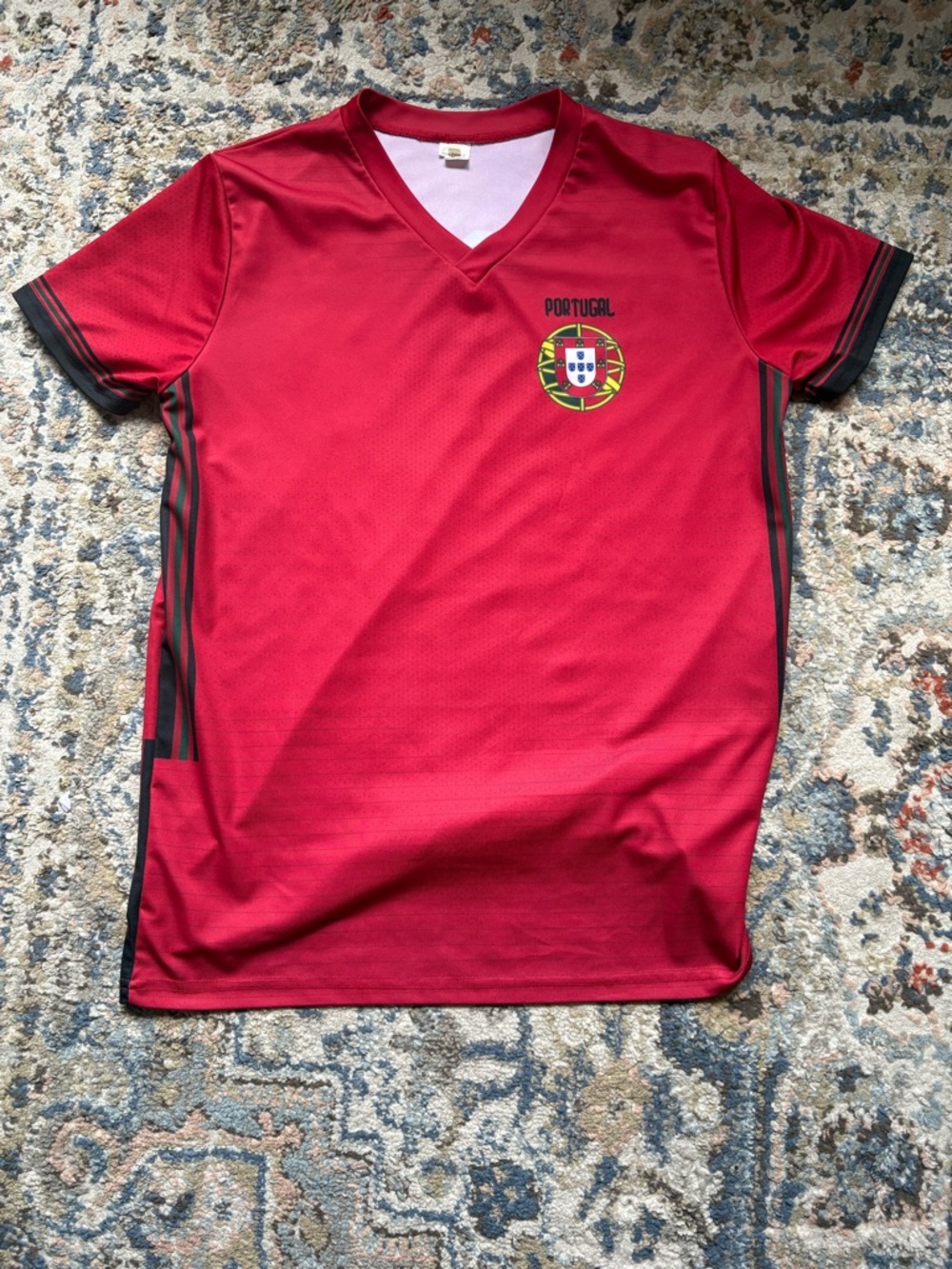 Portugal Red V-Neck Soccer Tee with Crest